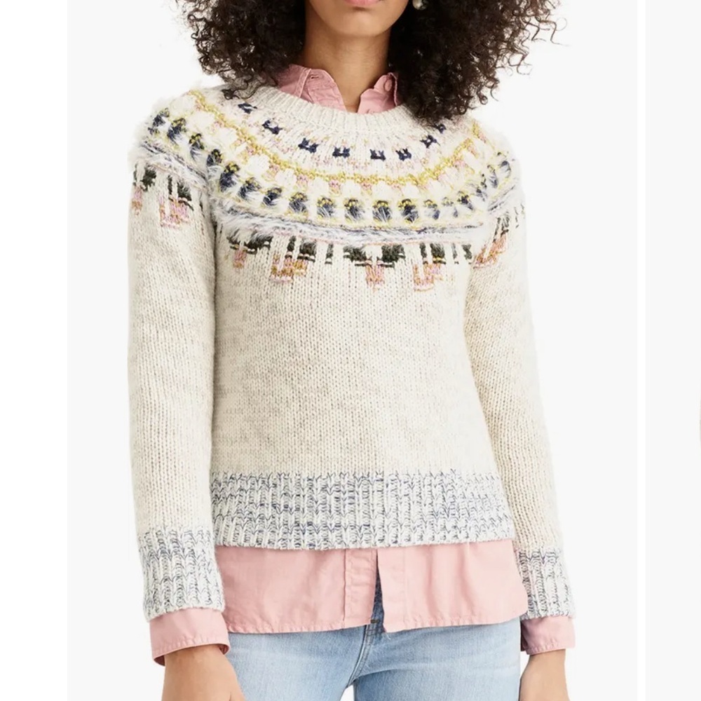 The Reeds x J. Crew Fair Isle Fuzzy Sweater Size Large Cream Knit Wool Blend